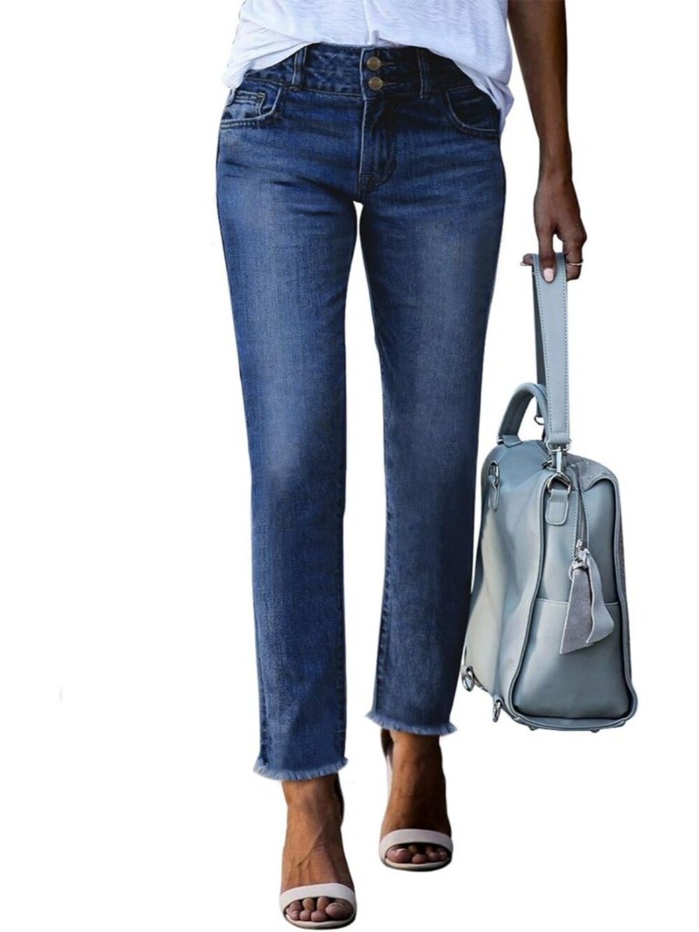 Women Blue High Waisted Raw Hem Ankle Double Button Denim Straight Leg Jeans